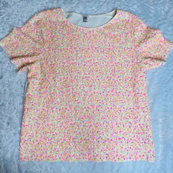 J.Crew Womens Pink and Yellow Pullover Short Sleeve Cluster Sequin Tee Medium - Picture 1 of 5